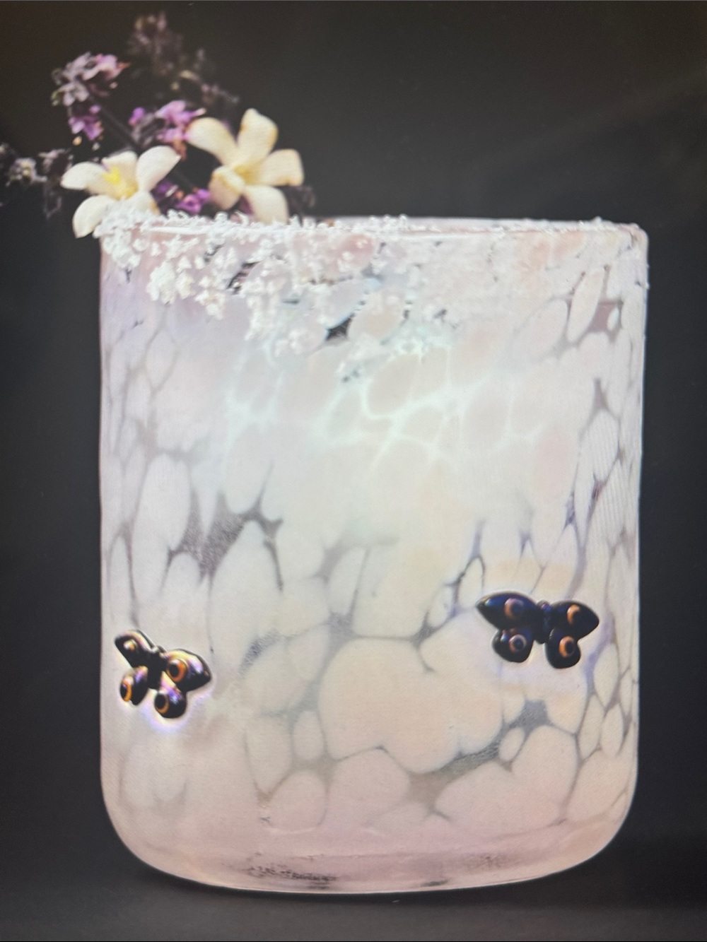 Anthropologie Iridescent Pink Marbled Glass Vase with Butterfly Accents